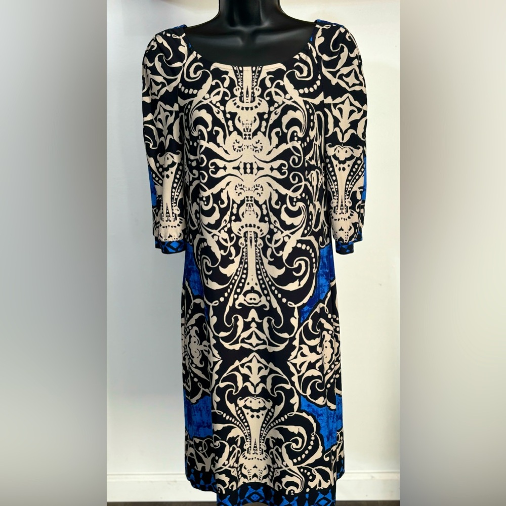 White House Black Market long loose Print Shift Dress Black Tan Blue Size S